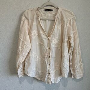 Zara Womens Medium Cream Floral Textured Lightweight Button Down Blouse Coastal